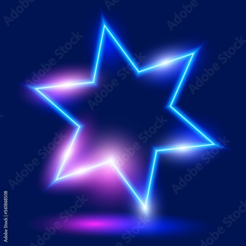 Bright neon star, blue and pink light on dark background, vector illustration.
