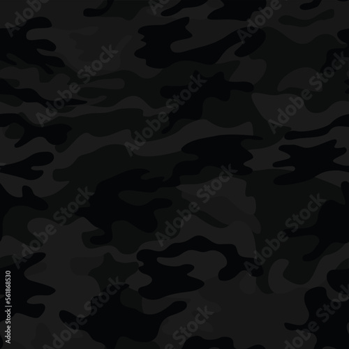 Black camo background, night texture disguise, vector seamless pattern. Modern print.