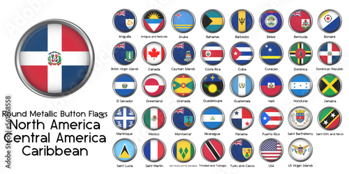 North and central american continent and caribbean country flags with round metallic button. Vector illustration set.
