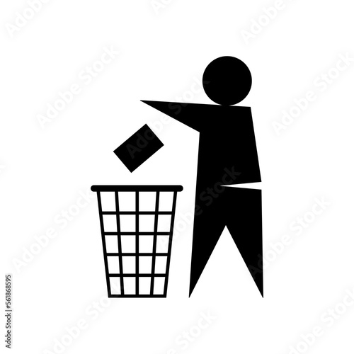 Character man throws trash into trash can Isolated on white background. Tidy man symbol, do not litter icon, keep clean