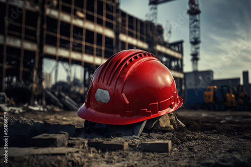 A red safety helmet or hardhat, construction worker PPE, is placed at construction work site. Safety PPE object. Generative Ai image. 