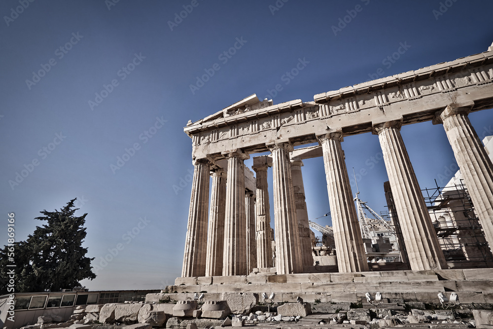 Parthenon under clear blue sky, the famous ancient Greek temple on the acropolis of Athens. Cultural travel Greece.