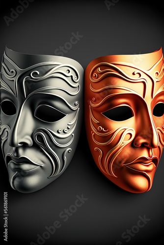 "A Gray Canvas for Emotion: Theater Masks against a Neutral Background"