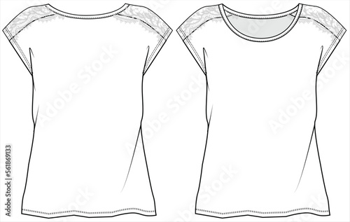 CUT AND SEW LACE INSERT PANEL WITH DROP SHOULDER DETAIL FOR  WOMEN AND TEEN GIRLS IN EDITABLE VECTOR FILE