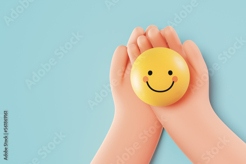 3D Hands holding yellow happy smile face, Positive customer review, Good feedback rating, Experience, Satisfaction survey, World Mental health assessment, Child wellness. Isolated on blue background