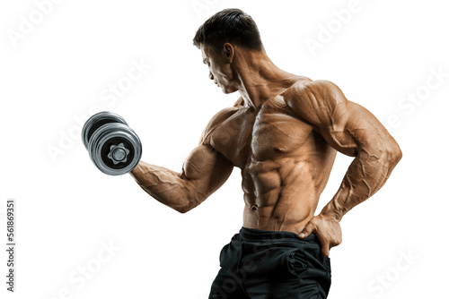 Pumping up biceps. Arm muscle training. Strong and power bodybuilder doing exercises with dumbbell. Dumbbell athlete workout. Transparent PNG