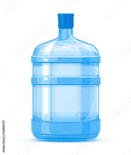 Five gallon big plastic water bottle container quality illustration standing on white background, water delivery service of fresh purified water