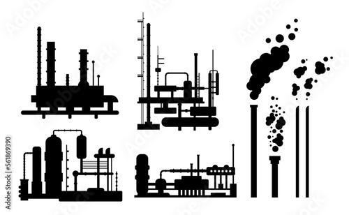 Set of industrial factory buildings silhouettes isolated, manufacturing with metallic constructions, smoking pipes, environmental pollution