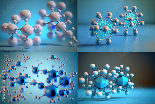 Fototapeta Naklejka Na Ścianę i Meble -  abstract modules of hydrogen or atoms structure, blue science background, 3d illustration generative ai