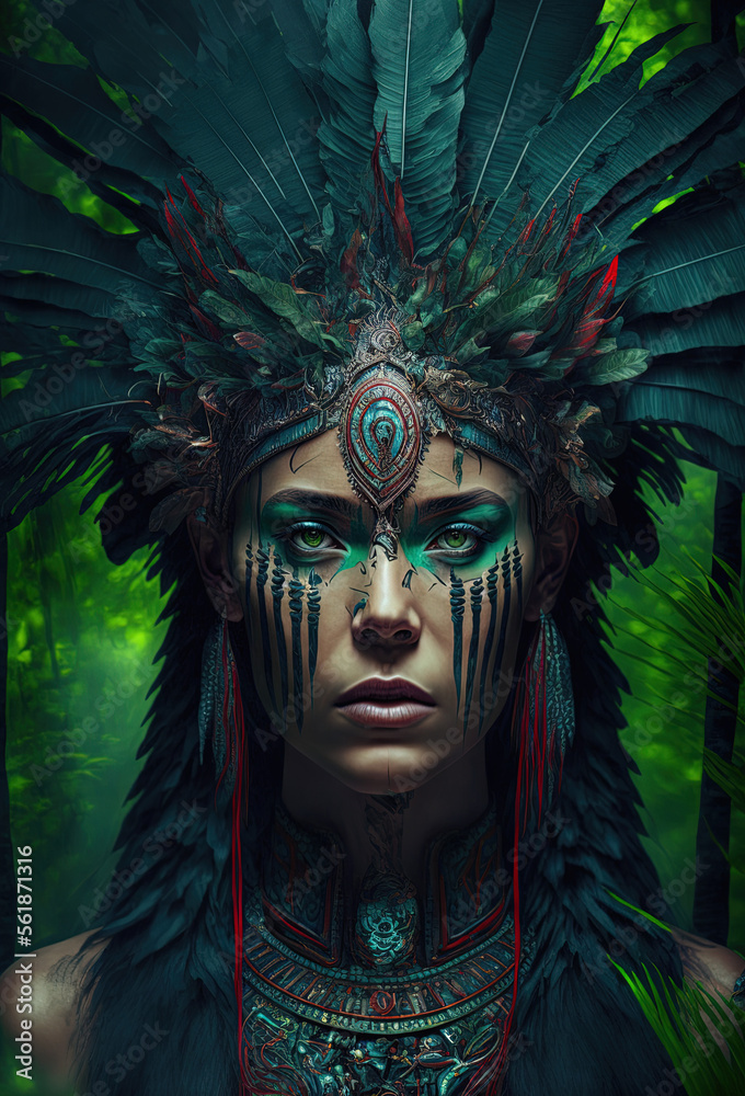 Beautiful shaman in nature. Awesome wise-woman in nature. Sacred and divine spirituality. Priest of other dimensions and realities. Generative art.