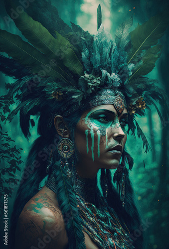 Beautiful shaman in nature. Awesome wise-woman in nature. Sacred and divine spirituality. Priest of other dimensions and realities. Generative art.