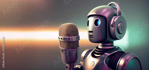Tin robot talks to a microphone with text space created with Generative AI technology