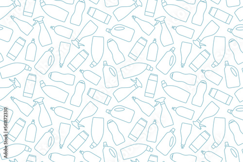 seamless pattern with detergent bottles and cleaning supplies, spring cleaning concept - vector illustration