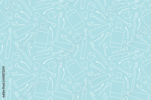 seamless pattern with dental, oral care products, toothbrush, tongue cleaner, mouthwash, paste, floss, outline icons- vector illustration