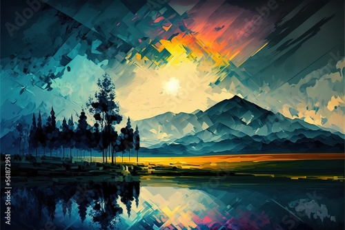 Stunning Abstract Landscape, lake, summer, nature, tree, forest, water, sky, painting, Generative AI