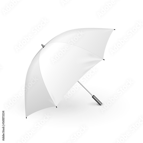 Mockup White Umbrella. Promotional Advertising Parasol. Mock Up  Template Isolated On White Background. Ready For Your Design. Product Advertising. Vector EPS10