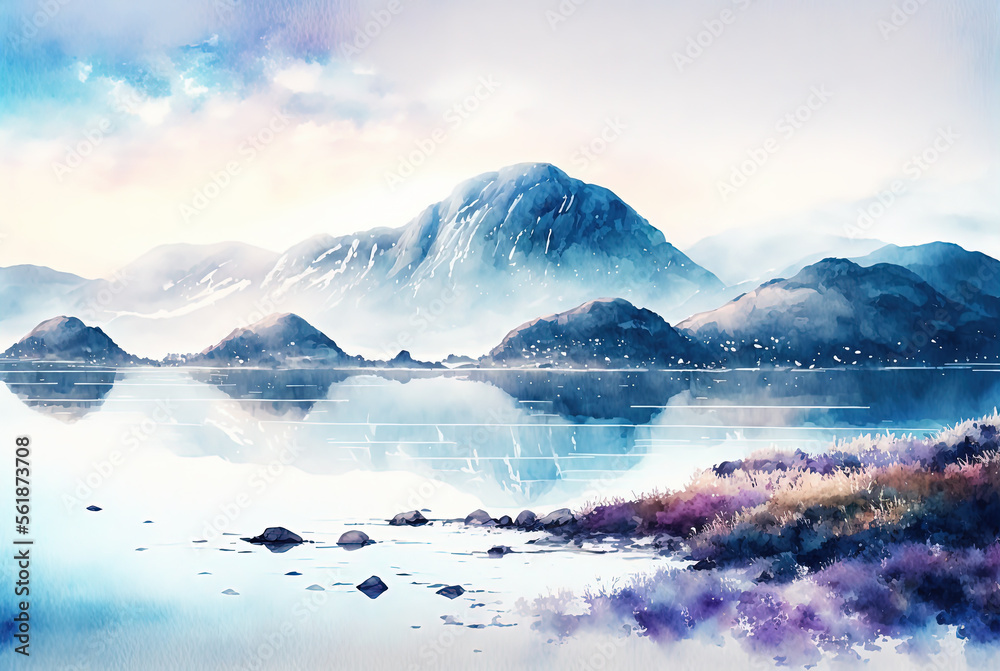 Watercolor sea landscape painting. Calm seascape. Ai generated