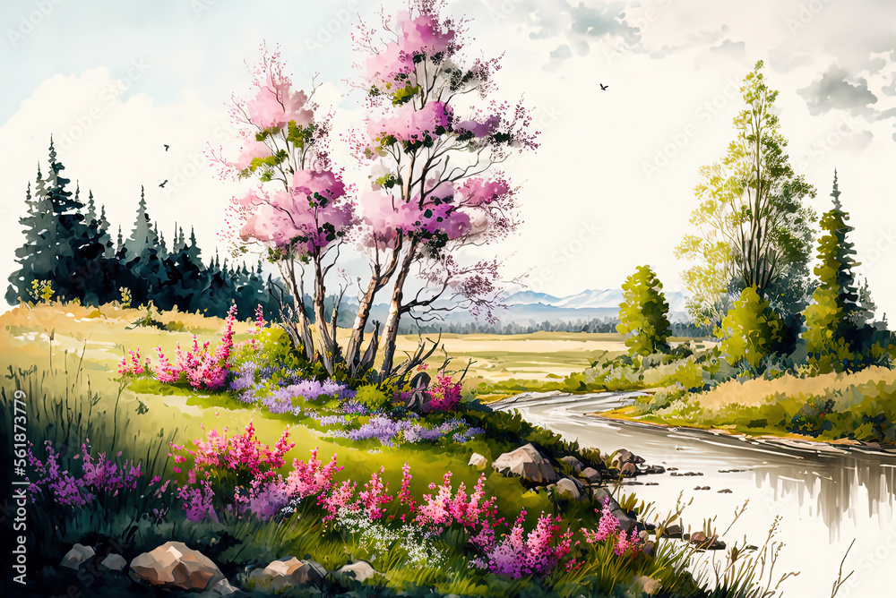 Watercolor spring landscape painting. Trees, bloom, meadow and ...