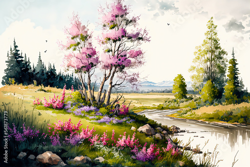 Watercolor spring landscape painting. Trees, bloom, meadow and mountains. Ai generated
