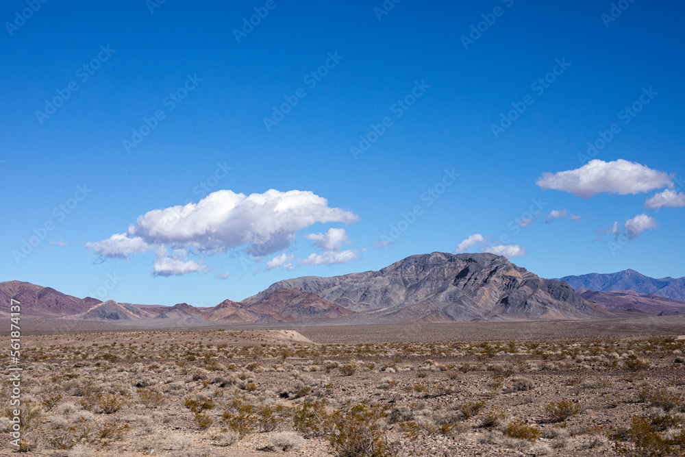 Désert du Mojave à Death Valley, Californie, USA. Étendue de poussière, de cailloux et de montagnes parsemée de buissons secs sous un ciel bleu et nuageux.