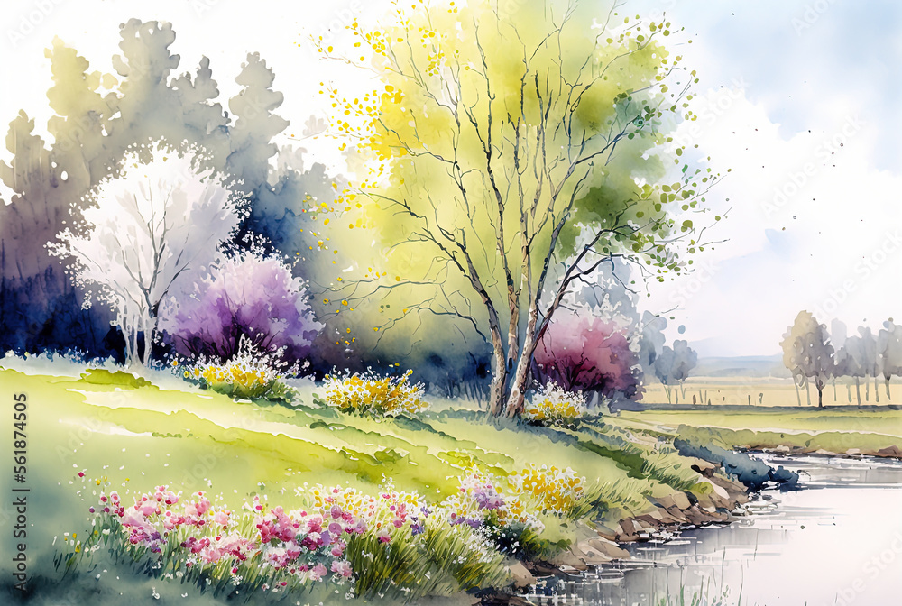 Watercolor spring landscape painting. Trees, flowers and meadow. Ai