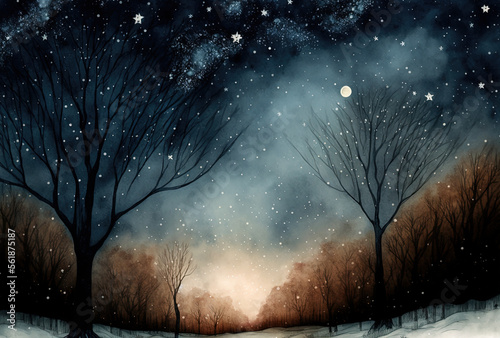 Watercolor winter landscape painting. Forest on a starry night. Ai generated © Artem81
