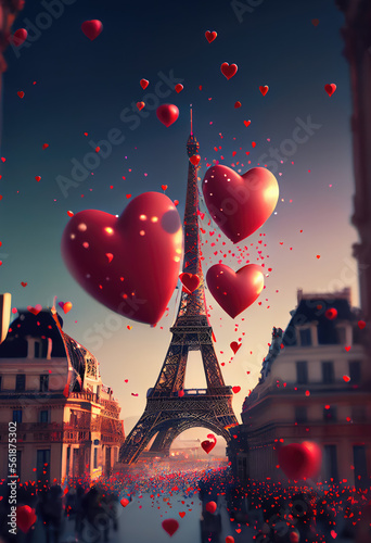 Obraz na płótnie Saint Valentin, fête des amoureux. Paris, capitale de l’amour. France romantique. Tour Eiffel avec coeurs en ballons. Carte de voeux, cadeau pour couples. Generative AI. w salonie