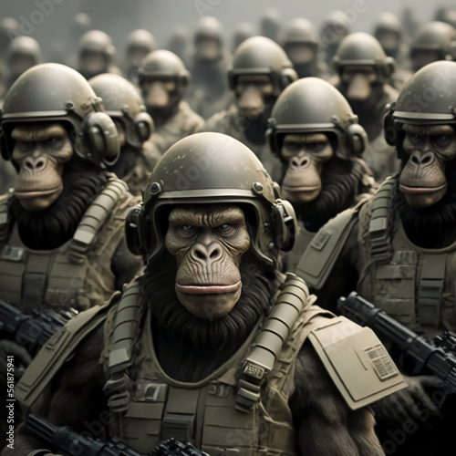 Army of animal(s) with modern weapons, army of apes photo