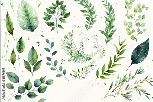 Watercolor floral illustration set - green leaf branches collection, wallpapers, background, AI