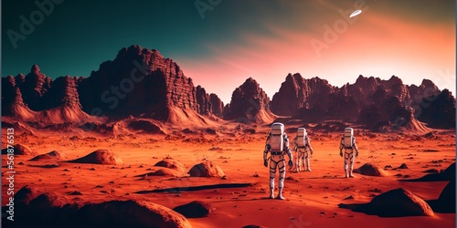 Astronaut on mars the red planet with alien UFO  and modern technology machines.