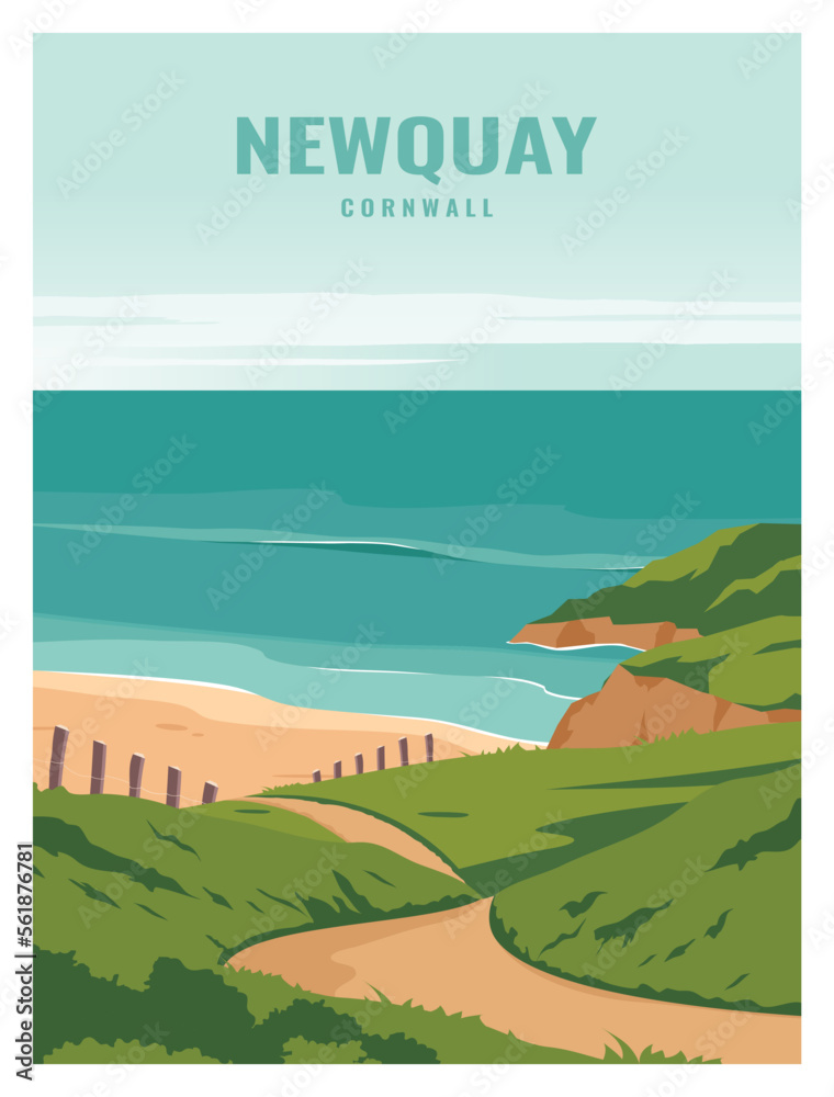 newquay beach travel to newquay cornwall. poster illustration design with colored style.