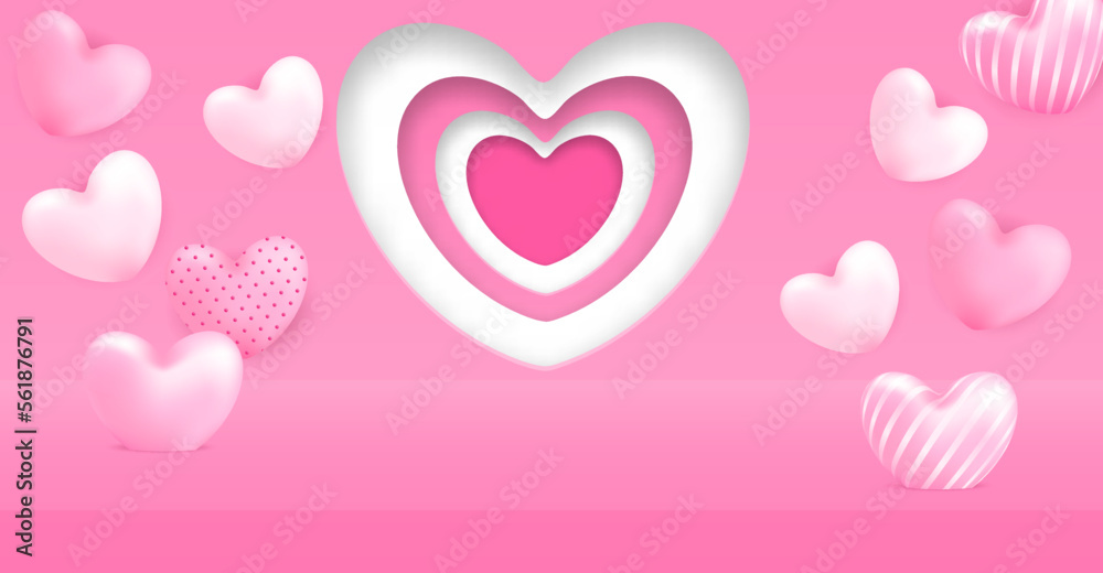 Valentine day theme product display podium. Design with heart on pink background. Vector.
