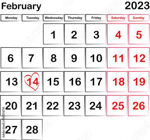 calendar for February 2023, Valentines day marked with red heart, png