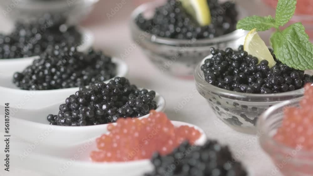 Tasting red salmon caviar and black beluga sturgeon salted roe. Hands pick caviar in bowl. Set of delicious snacks on banquet, close up. Expensive delicacy, serving. Bowls with red and black caviar Tasting red salmon caviar and black beluga sturgeon salted roe. Hands pick caviar in bowl. Set of delicious snacks on banquet, close up. Expensive delicacy, serving. Bowls with red and black caviar