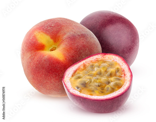 Cut passion fruit and peach isolated on white background with clipping path.