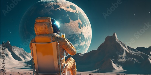 Fotografia Back view of lunar astronaut having a beer while resting in a beach chair on Moon surface, saluting to Earth
