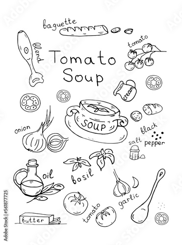 Doodle tomato soup recipe with lettering. Vector illustration. tomatoes, lettering, olive oil, onion