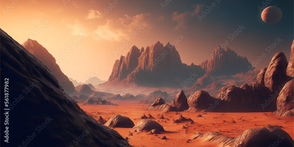 Mars the red planet landscape with desert and mountains.