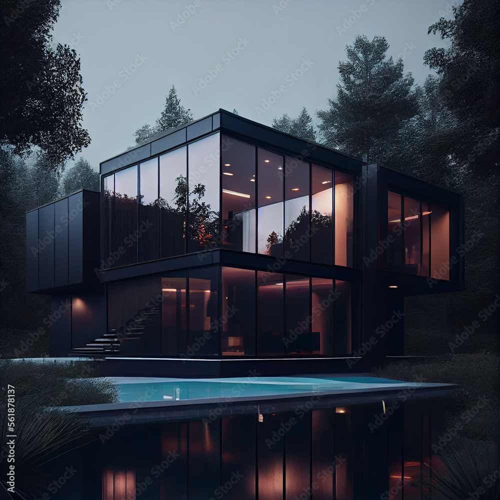 A black two storey modern house with large glass wall, generative ai