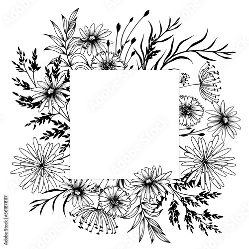Square floral frame with decorative wild flowers. Hand drawn black and white vector illustration.