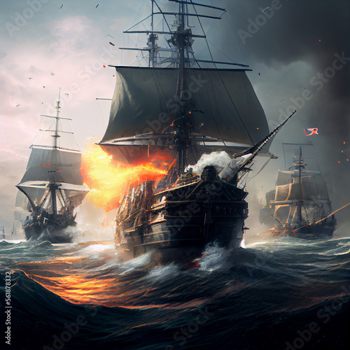 Naval battle with explosions, generative ai