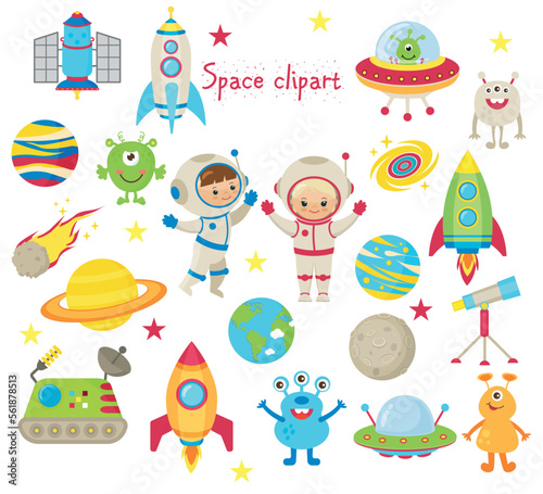 Vector space clipart, images of aliens, spaceships, astronauts, planets.