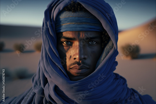 photography portrait of berber person dressed in blue in the desert at dawn. Ai generated art photo