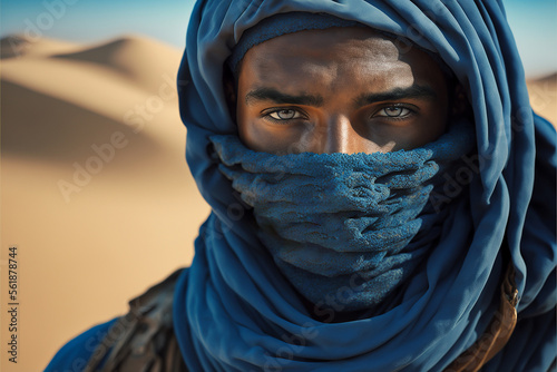 photography closed shot portrait of berber gaze dressed in blue in the sand desert. Ai generated art photo