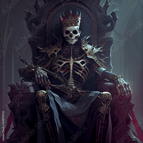 Skeleton sitting on throne weating a crown, generative ai