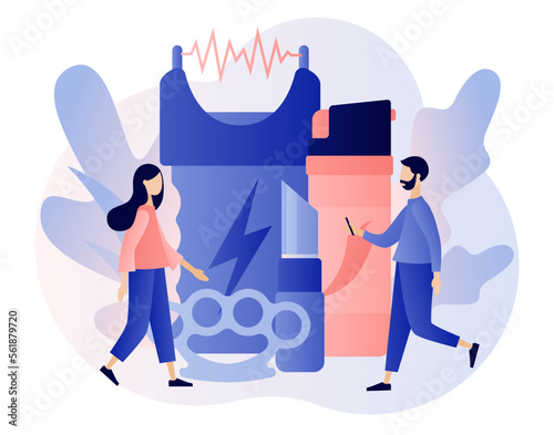 Self defense shop. Electric shock, pepper spray, brass knuckle, knife. Tiny people arming against bandits and hooligans. Modern flat cartoon style. Vector illustration on white background
