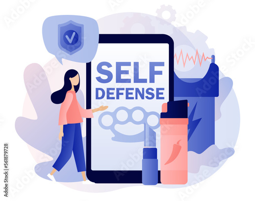 Self defense smartphone app. Electric shock, pepper spray, brass knuckle, knife. Tiny people arming against bandits and hooligans. Modern flat cartoon style. Vector illustration on white background
