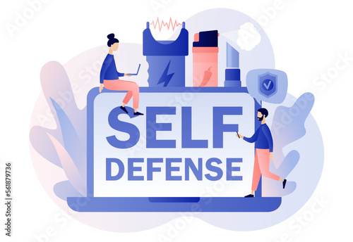 Self defense online. Electric shock, pepper spray, brass knuckle, knife. Tiny people arming against bandits and hooligans. Modern flat cartoon style. Vector illustration on white background
