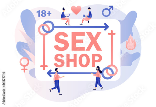 Sex shop banner. Female and male sex symbol. Adult store. Erotic concept. Modern flat cartoon style. Vector illustration on white background
