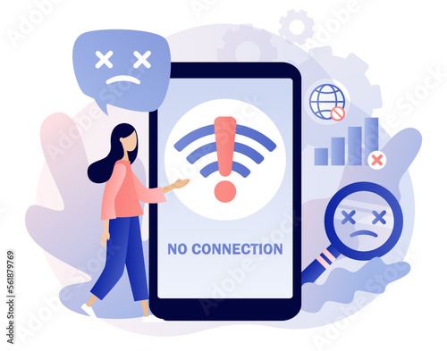 No internet connection on smartphone. Wireless connectivity disconnect. Error connection wifi. No signal network. Modern flat cartoon style. Vector illustration on white background
